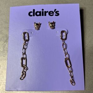 NEW Claires Earrings Gold Stud Dangle Egyptian Cat Girls Womens Jewelry